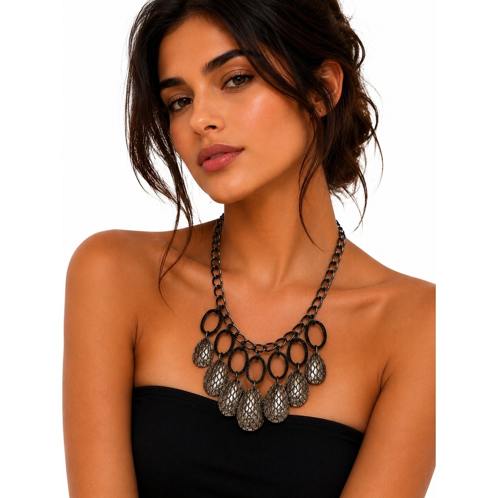 Vintage Gunmetal Statement Necklace Silver Textured Teardrop‎ Dangles Adjustable